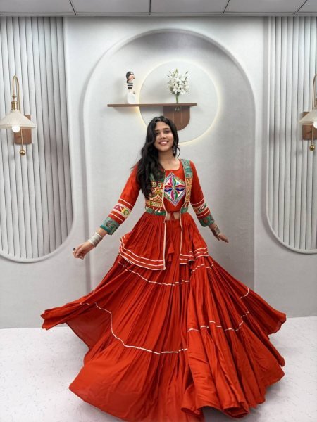 Irresistible Orange Navratri Gamthi Work Cotton Lehenga Choli with Koti and 9 Meter Flair  Lehenga