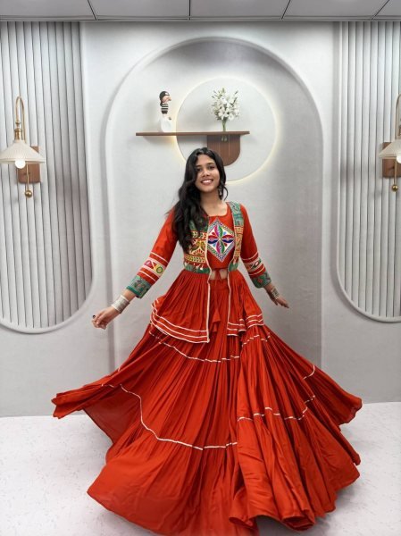 Irresistible Orange Navratri Gamthi Work Cotton Lehenga Choli with Koti and 9 Meter Flair Navratri Lehnega Choli