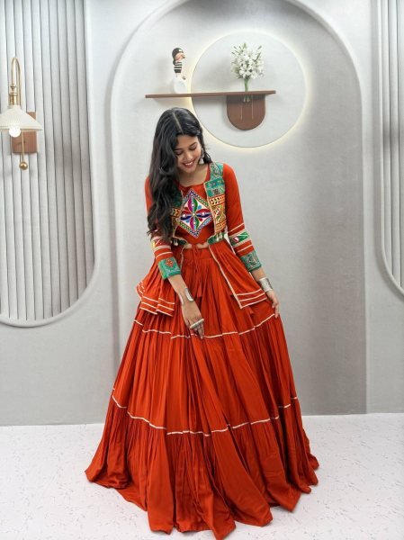 Irresistible Orange Navratri Gamthi Work Cotton Lehenga Choli with Koti and 9 Meter Flair Navratri Lehnega Choli