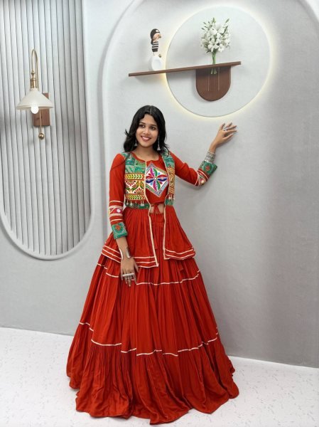 Irresistible Orange Navratri Gamthi Work Cotton Lehenga Choli with Koti and 9 Meter Flair Navratri Lehnega Choli