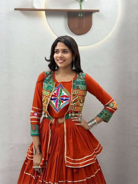 Irresistible Orange Navratri Gamthi Work Cotton Lehenga Choli with Koti and 9 Meter Flair Navratri Lehnega Choli