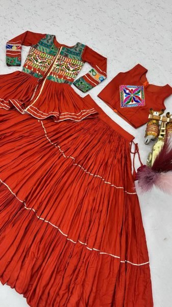 Irresistible Orange Navratri Gamthi Work Cotton Lehenga Choli with Koti and 9 Meter Flair Navratri Lehnega Choli