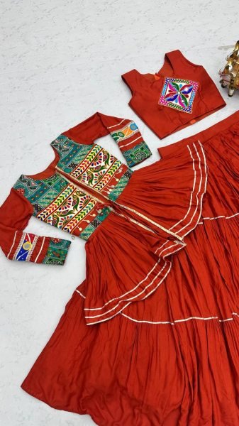 Irresistible Orange Navratri Gamthi Work Cotton Lehenga Choli with Koti and 9 Meter Flair Navratri Lehnega Choli