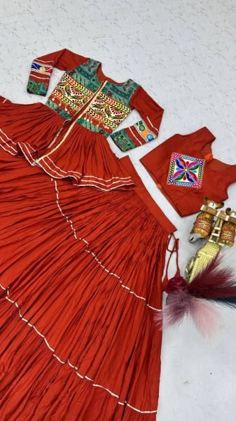 Irresistible Orange Navratri Gamthi Work Cotton Lehenga Choli with Koti and 9 Meter Flair Navratri Lehnega Choli
