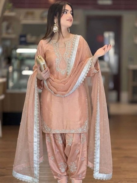 Irresistible Peach Embroidered Suit Set with Bell Sleeves for Party Wear Ready To Wear Suit