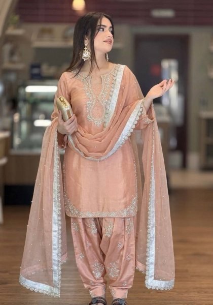Irresistible Peach Embroidered Suit Set with Bell Sleeves for Party Wear Ready To Wear Collection