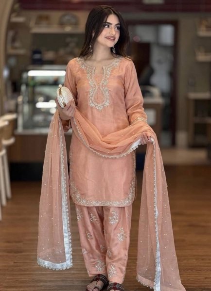 Irresistible Peach Embroidered Suit Set with Bell Sleeves for Party Wear Ready To Wear Collection