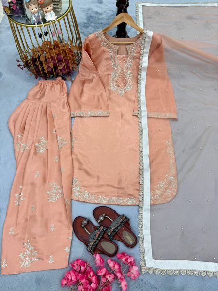 Irresistible Peach Embroidered Suit Set with Bell Sleeves for Party Wear Ready To Wear Collection