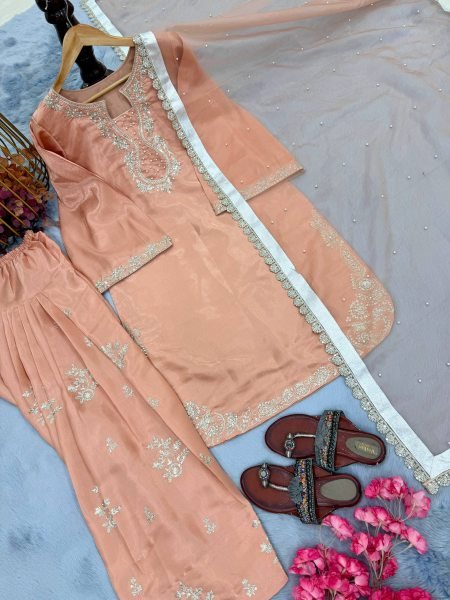 Irresistible Peach Embroidered Suit Set with Bell Sleeves for Party Wear Ready To Wear Collection
