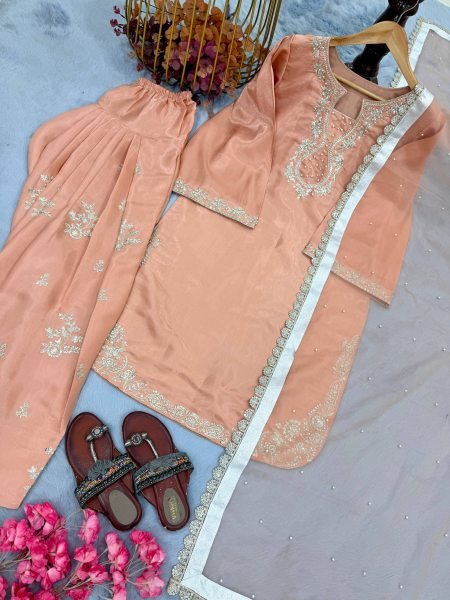 Irresistible Peach Embroidered Suit Set with Bell Sleeves for Party Wear Ready To Wear Collection