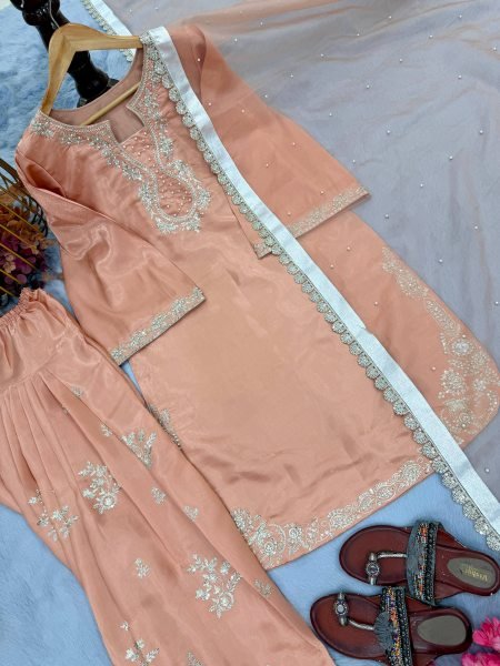 Irresistible Peach Embroidered Suit Set with Bell Sleeves for Party Wear Ready To Wear Collection