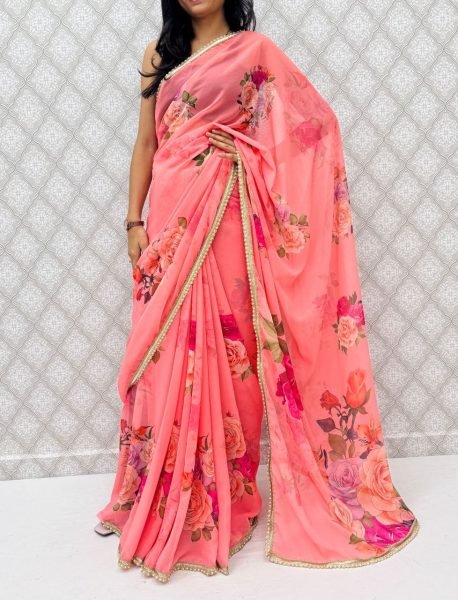 Irresistible Pearl Pink Georgette Saree with Floral Print and Blouse For Casual Wear Printed Cotton Sarees Wholesale