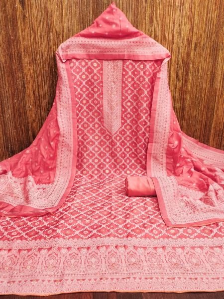 Irresistible Pink Designer Chanderi Maslin Fancy Jacquard Dress Material Set 