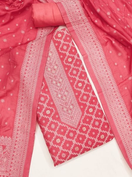 Irresistible Pink Designer Chanderi Maslin Fancy Jacquard Dress Material Set Color Set Matching Dress Material Wholesale