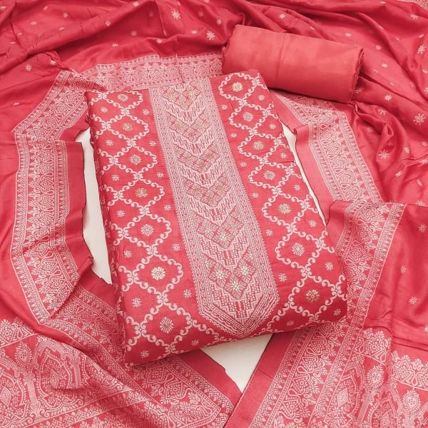 Irresistible Pink Designer Chanderi Maslin Fancy Jacquard Dress Material Set Color Set Matching Dress Material Wholesale