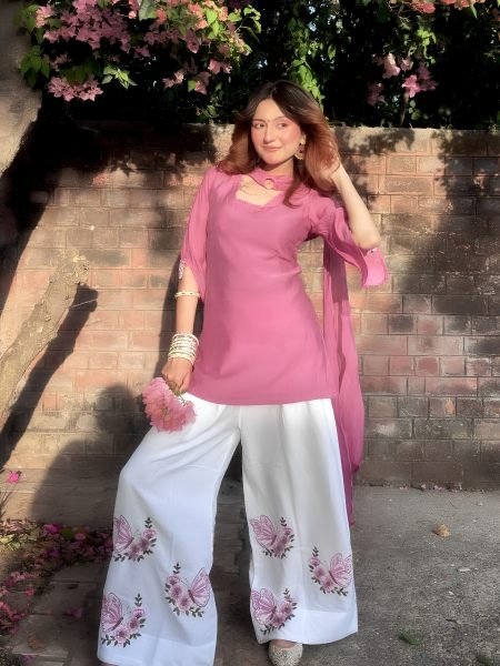 Irresistible Pink White Designer Roman Silk 3 Piece Set with Fancy Sleeves and Tassels at Wholesale Rate 