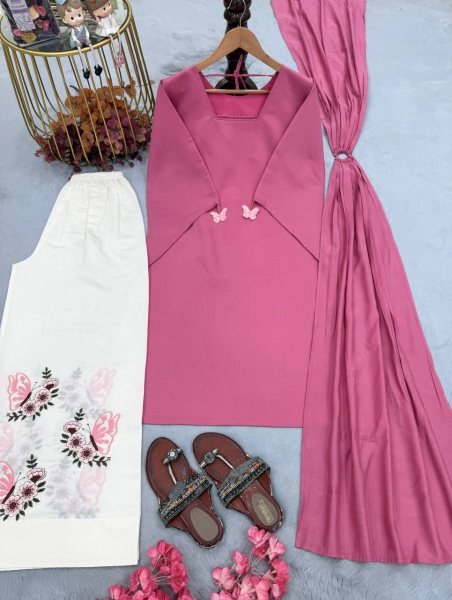 Irresistible Pink White Designer Roman Silk 3 Piece Set with Fancy Sleeves and Tassels at Wholesale Rate Ready To Wear Collection