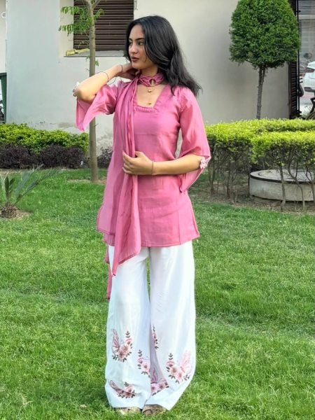Irresistible Pink White Designer Roman Silk 3 Piece Set with Fancy Sleeves and Tassels at Wholesale Rate Ready To Wear Collection
