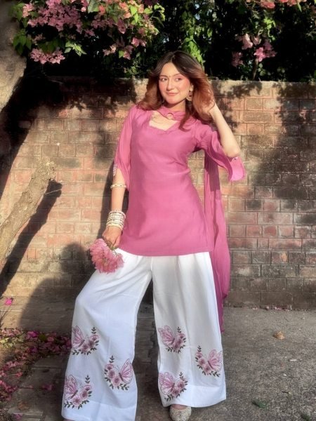 Irresistible Pink White Designer Roman Silk 3 Piece Set with Fancy Sleeves and Tassels at Wholesale Rate Ready To Wear Collection