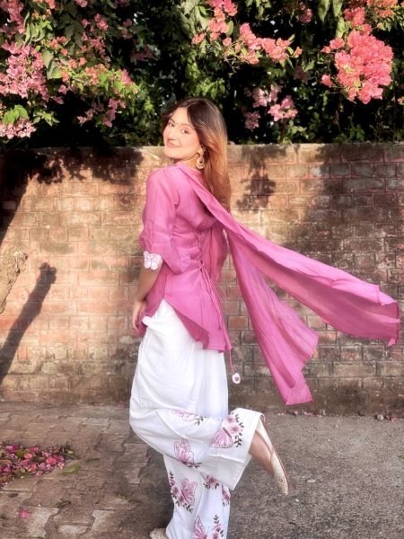Irresistible Pink White Designer Roman Silk 3 Piece Set with Fancy Sleeves and Tassels at Wholesale Rate Ready To Wear Collection