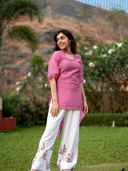 Irresistible Pink White Designer Roman Silk 3 Piece Set with Fancy Sleeves and Tassels at Wholesale Rate Ready To Wear Collection
