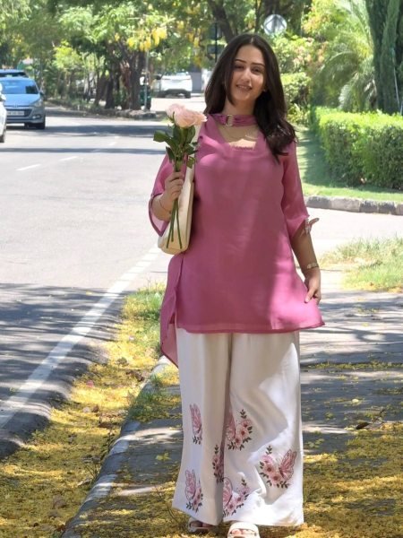 Irresistible Pink White Designer Roman Silk 3 Piece Set with Fancy Sleeves and Tassels at Wholesale Rate Ready To Wear Collection