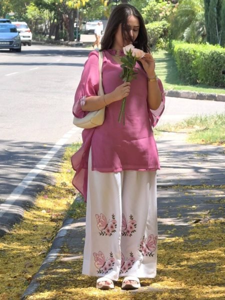 Irresistible Pink White Designer Roman Silk 3 Piece Set with Fancy Sleeves and Tassels at Wholesale Rate Ready To Wear Collection