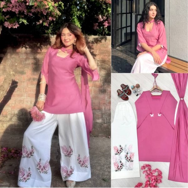 Irresistible Pink White Designer Roman Silk 3 Piece Set with Fancy Sleeves and Tassels at Wholesale Rate Ready To Wear Collection