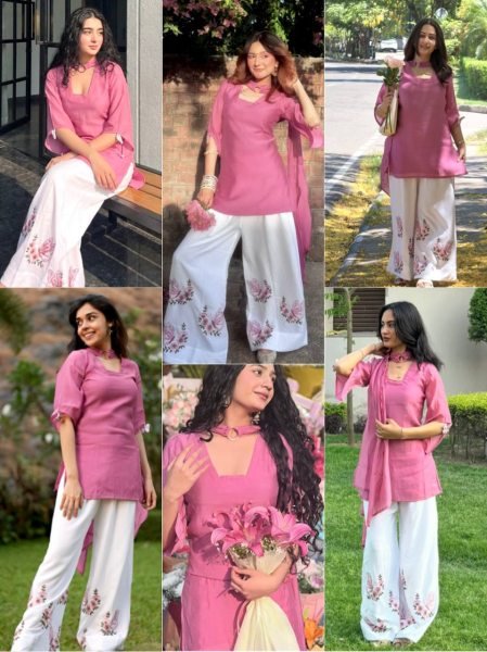 Irresistible Pink White Designer Roman Silk 3 Piece Set with Fancy Sleeves and Tassels at Wholesale Rate Ready To Wear Collection