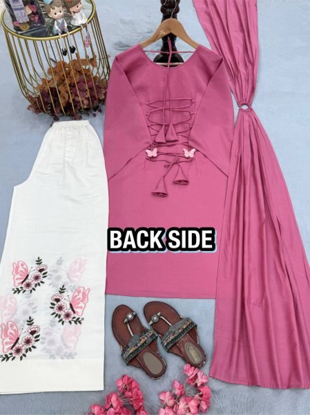Irresistible Pink White Designer Roman Silk 3 Piece Set with Fancy Sleeves and Tassels at Wholesale Rate Ready To Wear Collection