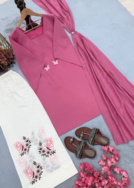 Irresistible Pink White Designer Roman Silk 3 Piece Set with Fancy Sleeves and Tassels at Wholesale Rate Ready To Wear Collection