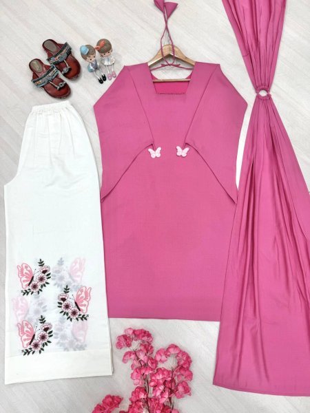 Irresistible Pink White Designer Roman Silk 3 Piece Set with Fancy Sleeves and Tassels at Wholesale Rate Ready To Wear Collection