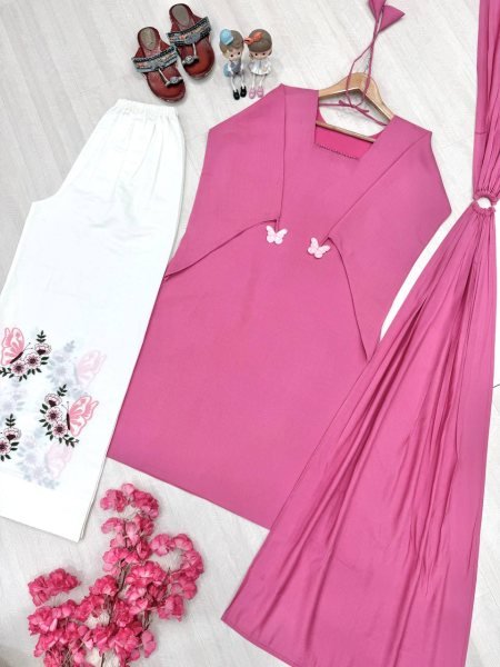 Irresistible Pink White Designer Roman Silk 3 Piece Set with Fancy Sleeves and Tassels at Wholesale Rate Ready To Wear Collection