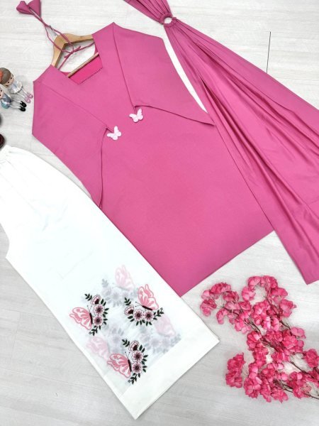 Irresistible Pink White Designer Roman Silk 3 Piece Set with Fancy Sleeves and Tassels at Wholesale Rate Ready To Wear Collection