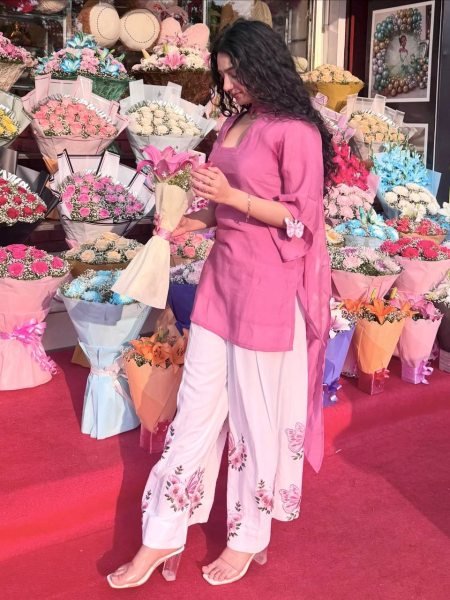 Irresistible Pink White Designer Roman Silk 3 Piece Set with Fancy Sleeves and Tassels at Wholesale Rate Ready To Wear Collection