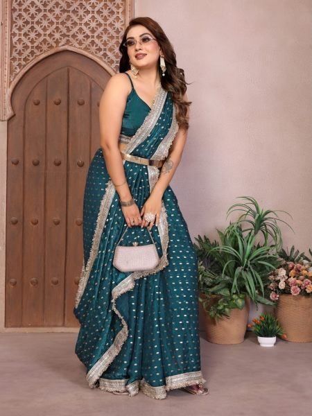 Irresistible Rama Foil Print Work Silk Saree With Unstitch Blouse For Diwali Festival 
