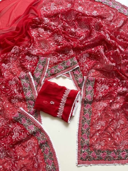 Irresistible Red Premium Georgette Saree with Heavy Multi Chikankari Work for Wedding  Georgette Sarees Wholesale