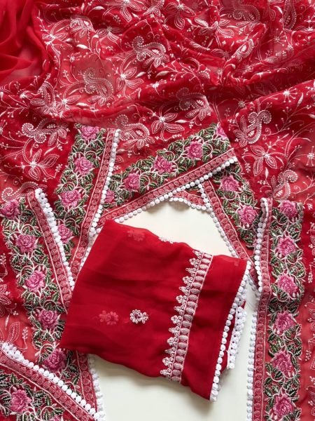 Irresistible Red Premium Georgette Saree with Heavy Multi Chikankari Work for Wedding  Georgette Sarees Wholesale