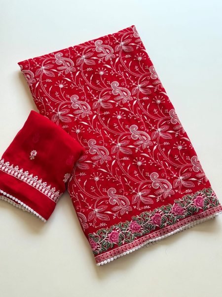 Irresistible Red Premium Georgette Saree with Heavy Multi Chikankari Work for Wedding  Georgette Sarees Wholesale