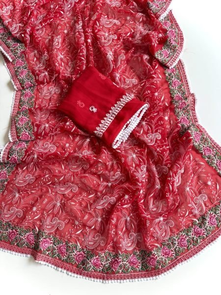 Irresistible Red Premium Georgette Saree with Heavy Multi Chikankari Work for Wedding  Georgette Sarees Wholesale