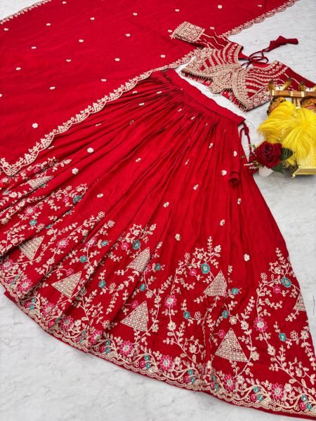 Irresistible Red Vichitra Lehenga Set with Sequence Work and Dupatta for Women Designer Lehenga Choli