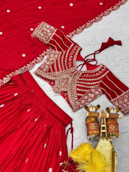 Irresistible Red Vichitra Lehenga Set with Sequence Work and Dupatta for Women Designer Lehenga Choli