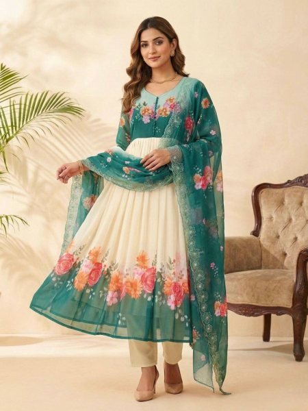 Irresistible Teal Green Fox Georgette Gown with Dupatta and Pant for Party Wear Kurtis