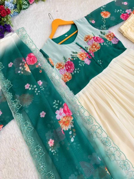 Irresistible Teal Green Fox Georgette Gown with Dupatta and Pant for Party Wear Anarkali Kurtis 