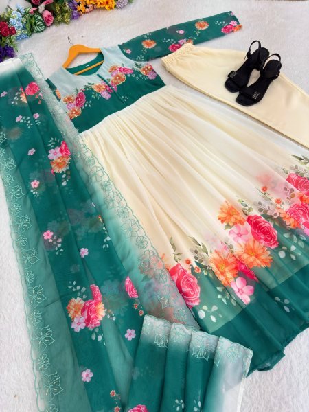 Irresistible Teal Green Fox Georgette Gown with Dupatta and Pant for Party Wear Anarkali Kurtis 