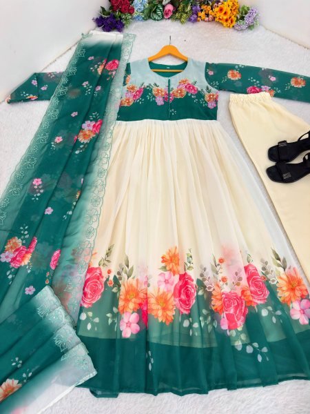 Irresistible Teal Green Fox Georgette Gown with Dupatta and Pant for Party Wear Anarkali Kurtis 