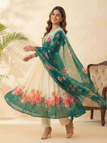 Irresistible Teal Green Fox Georgette Gown with Dupatta and Pant for Party Wear Anarkali Kurtis 