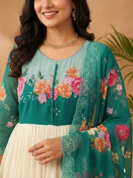 Irresistible Teal Green Fox Georgette Gown with Dupatta and Pant for Party Wear Anarkali Kurtis 