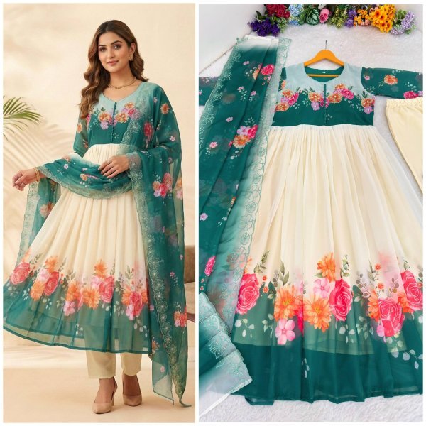 Irresistible Teal Green Fox Georgette Gown with Dupatta and Pant for Party Wear Anarkali Kurtis 