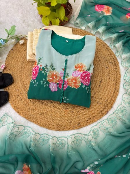 Irresistible Teal Green Fox Georgette Gown with Dupatta and Pant for Party Wear Anarkali Kurtis 